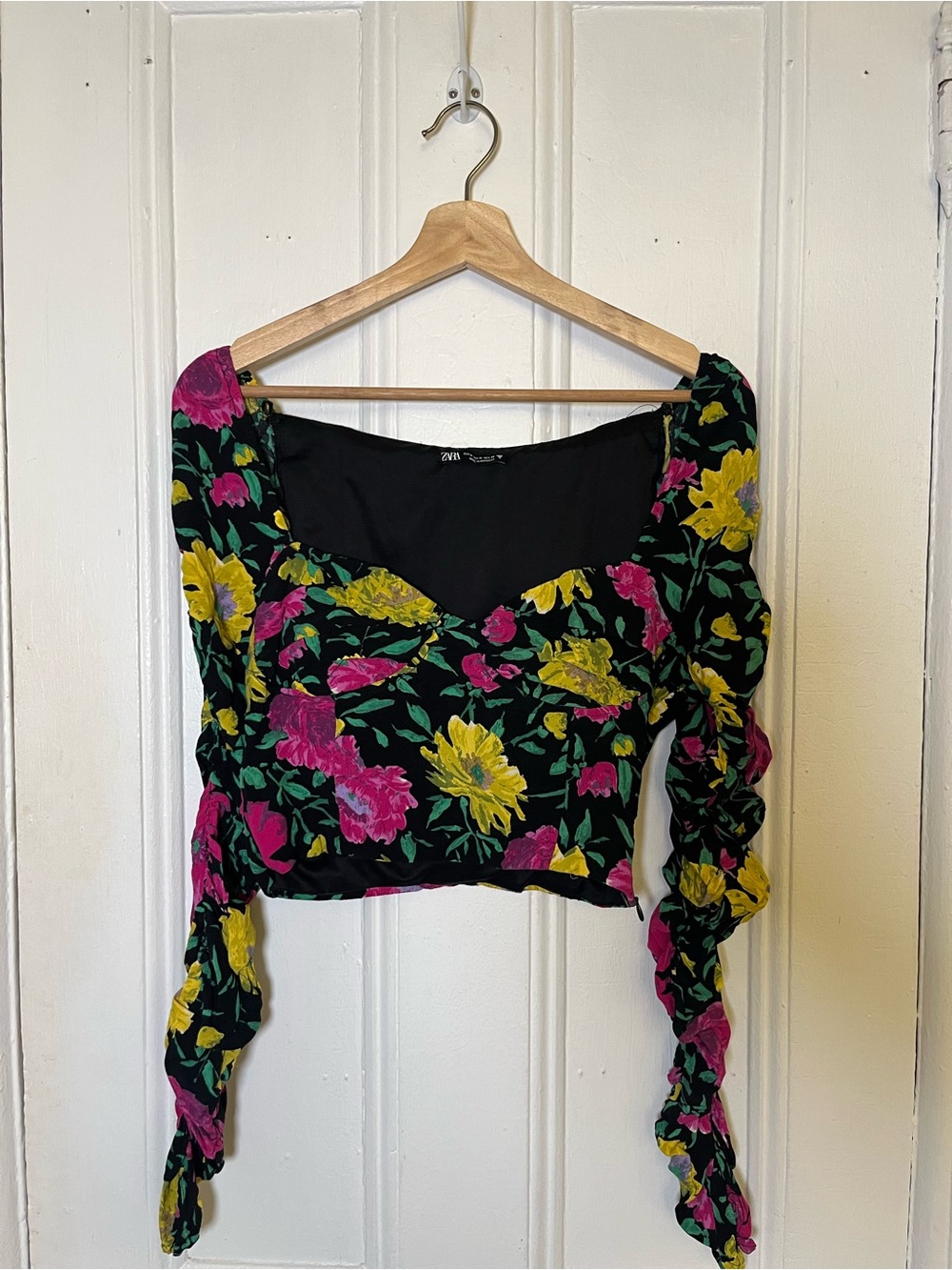 Zara Black Crop Top with Pink & Yellow Floral Print